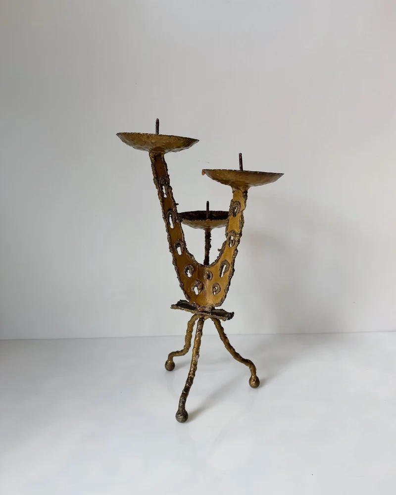 Torched Metal 3 arm Artisan Candleholder, Brutalist Poland