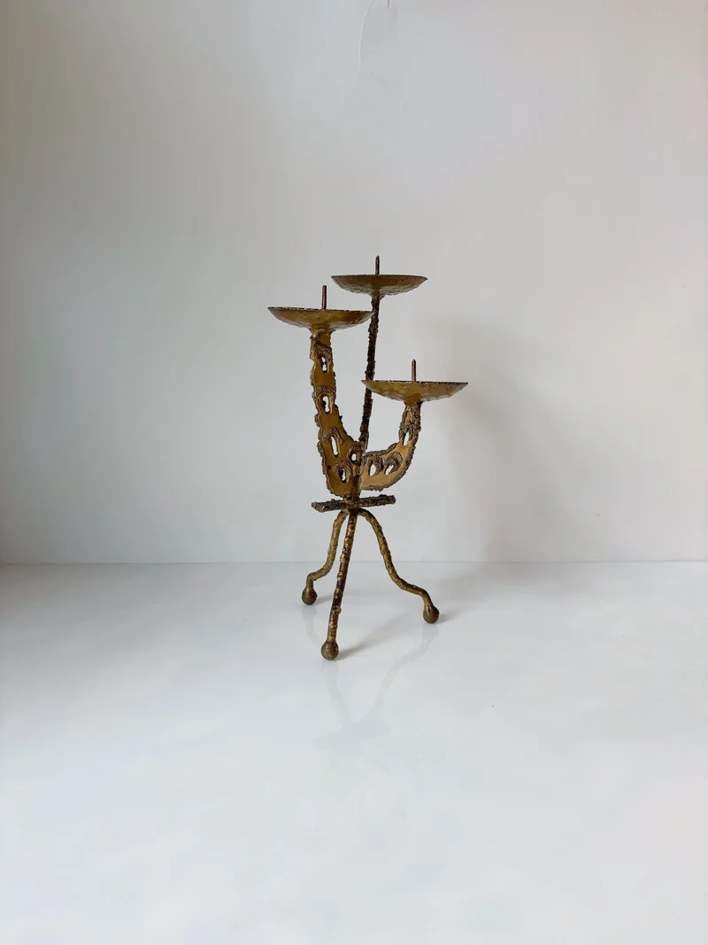 Torched Metal 3 arm Artisan Candleholder, Brutalist Poland