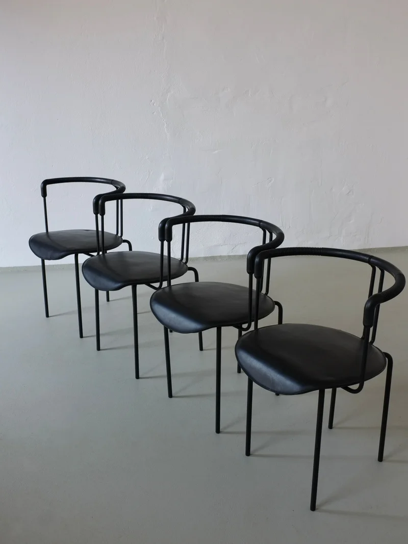 4 Postmodern Black Leather Armchairs from Cidue, Italy, 1990s