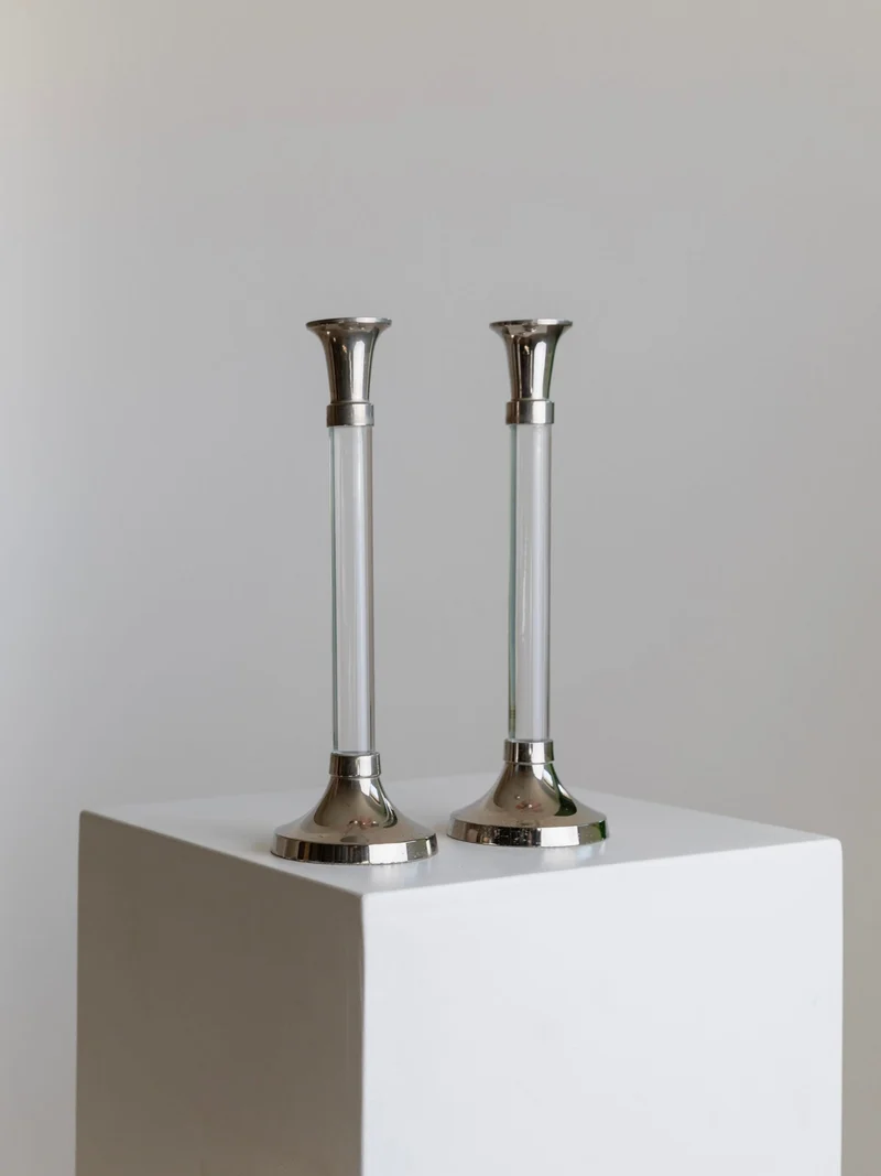 2 Vintage Candlesticks acrylic glass and chrome 1970s