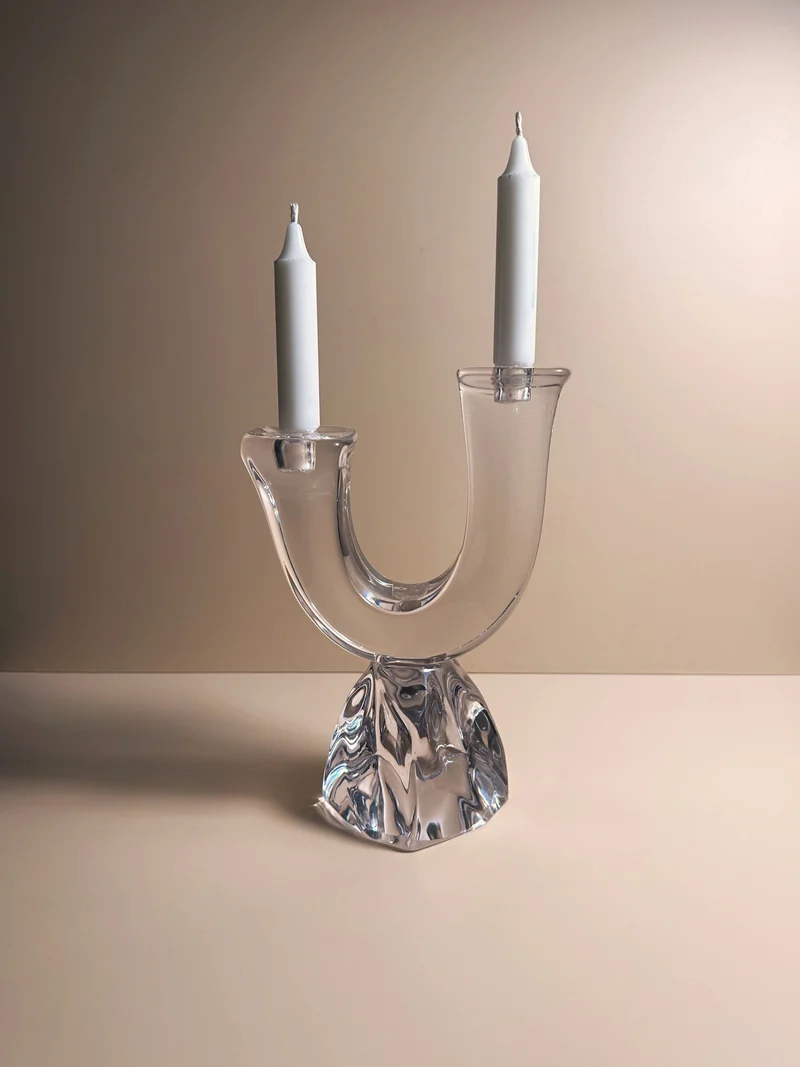 Solid Crystal Glass Brutalist Candelabra by Daum 1950s