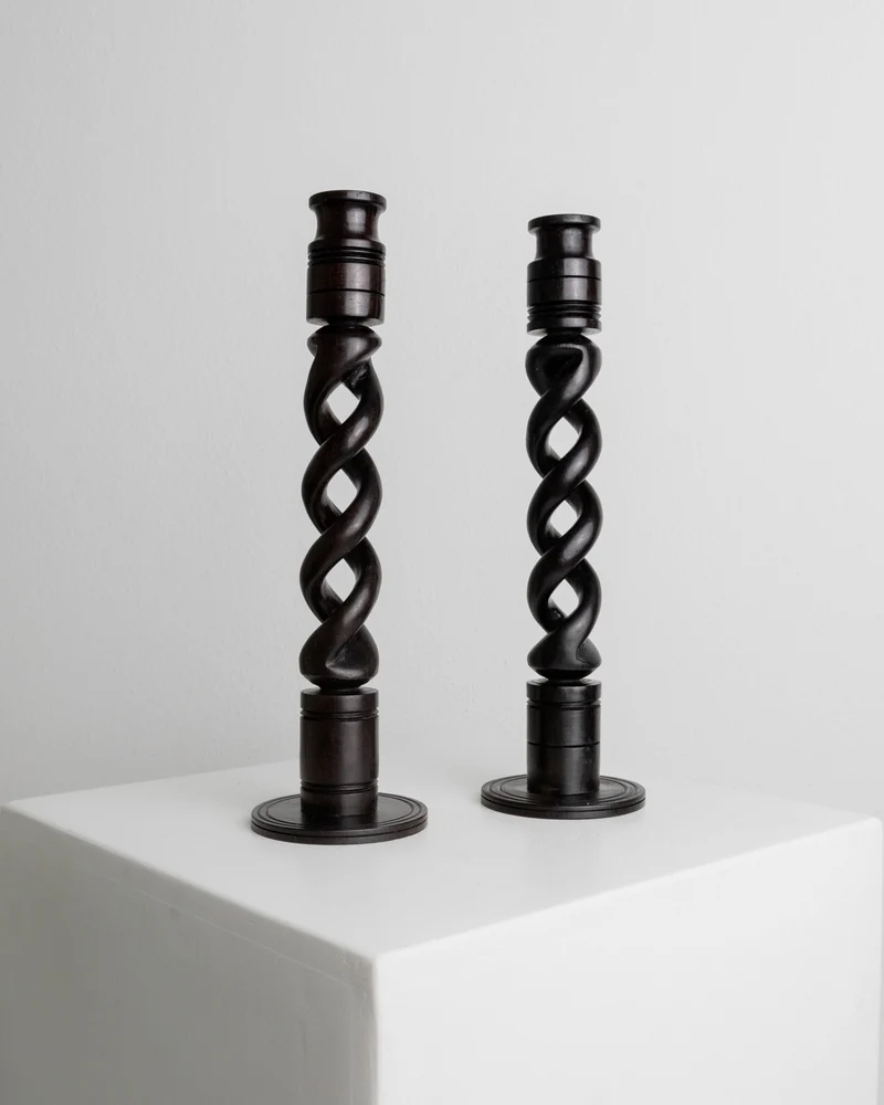 Set of 2 Candle Holders in Dark Wood, Italy 1970s