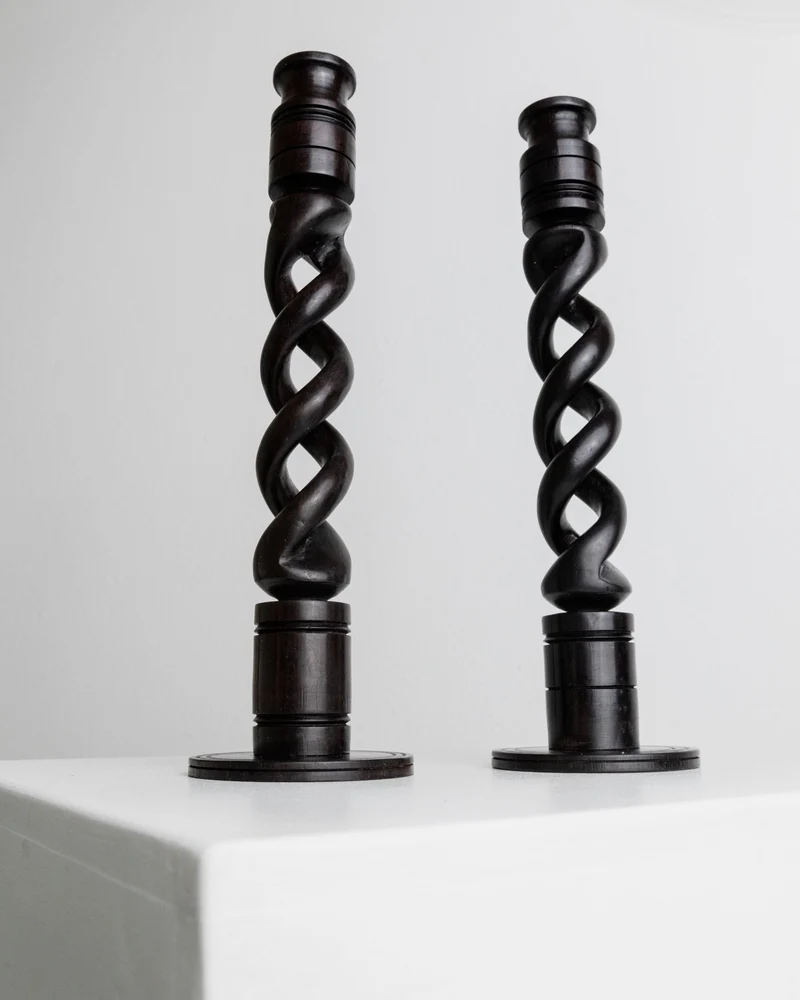 Set of 2 Candle Holders in Dark Wood, Italy 1970s