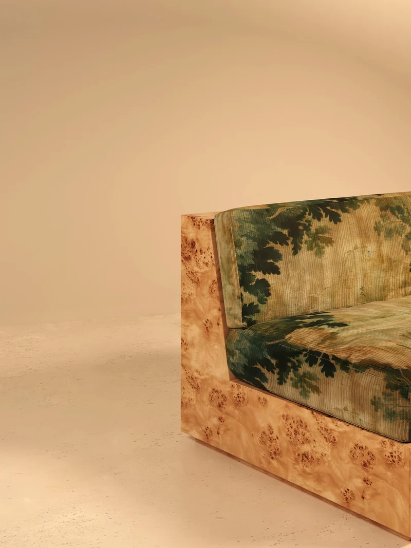 KAVA Collection II SOFA – Maple Burl Finish, Pierre Frey Upholstery