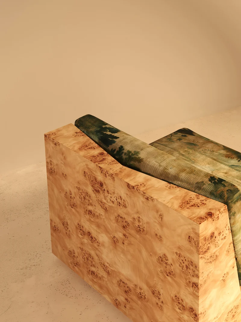 KAVA Collection II SOFA – Maple Burl Finish, Pierre Frey Upholstery