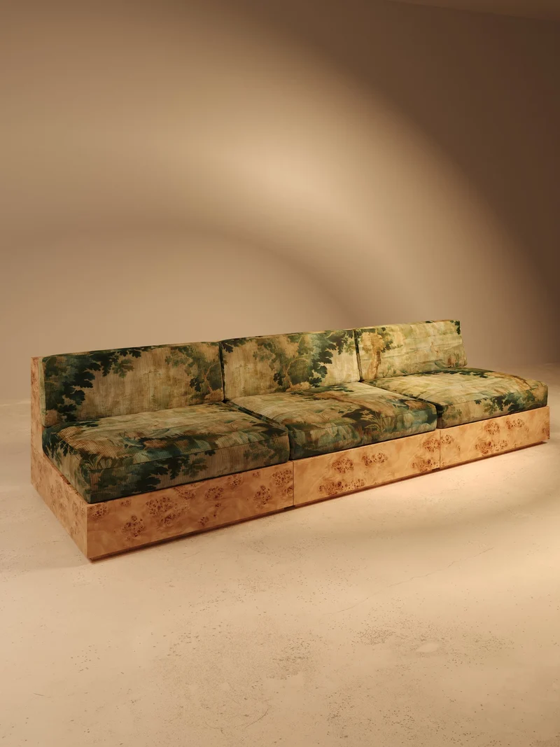KAVA Collection II SOFA – Maple Burl Finish, Pierre Frey Upholstery