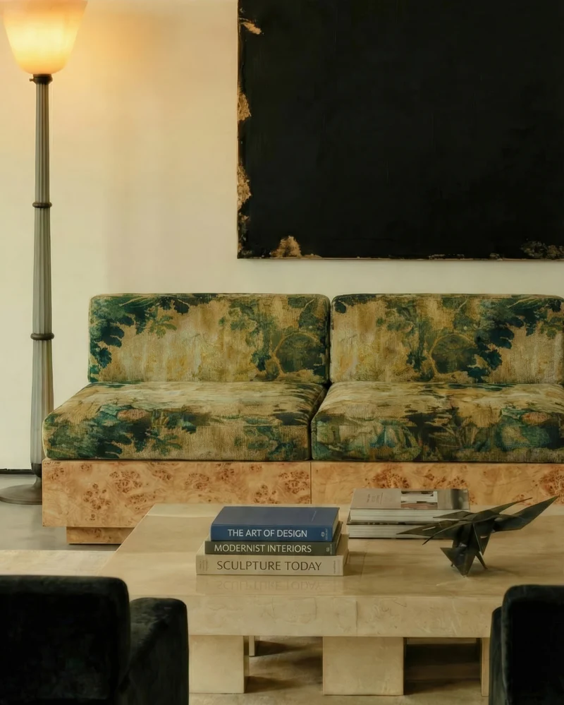 KAVA Collection II SOFA – Maple Burl Finish, Pierre Frey Upholstery