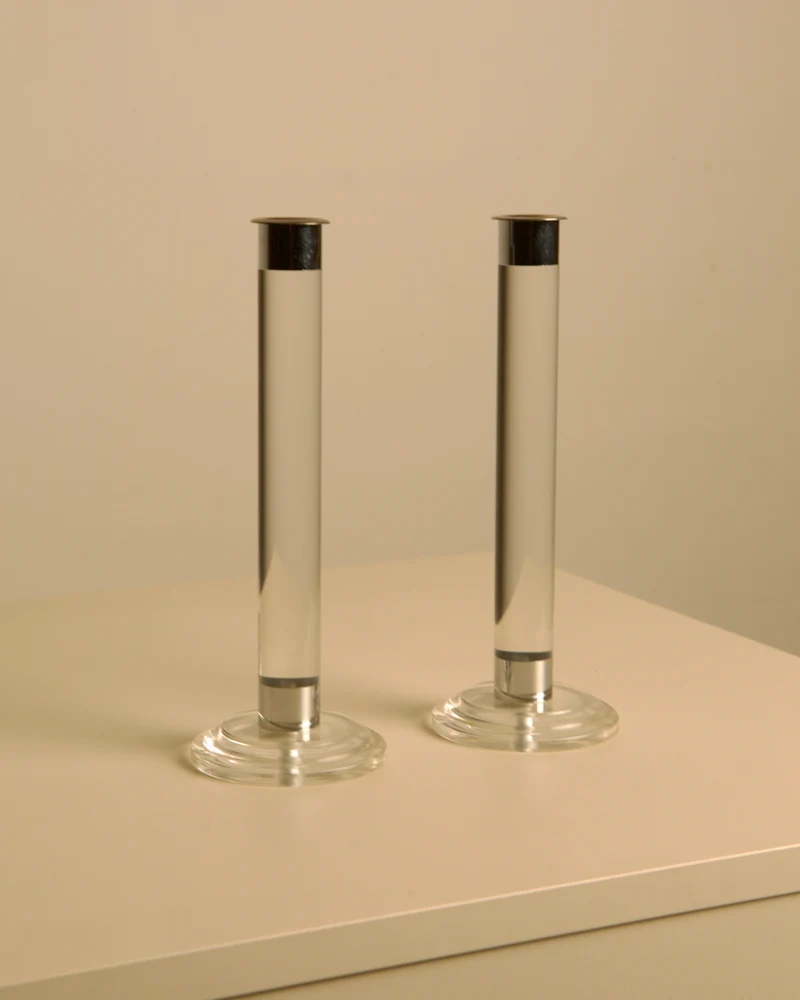 Pair of Italian Lucite and Silver Candleholders 80s