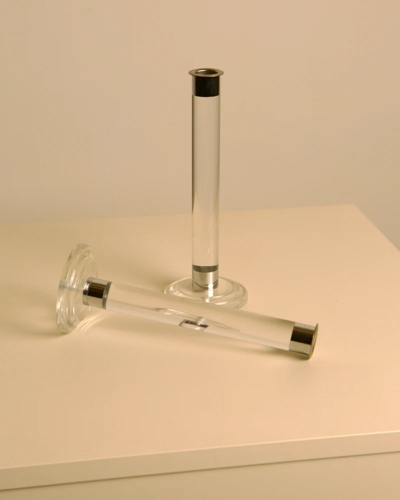 Pair of Italian Lucite and Silver Candleholders 80s