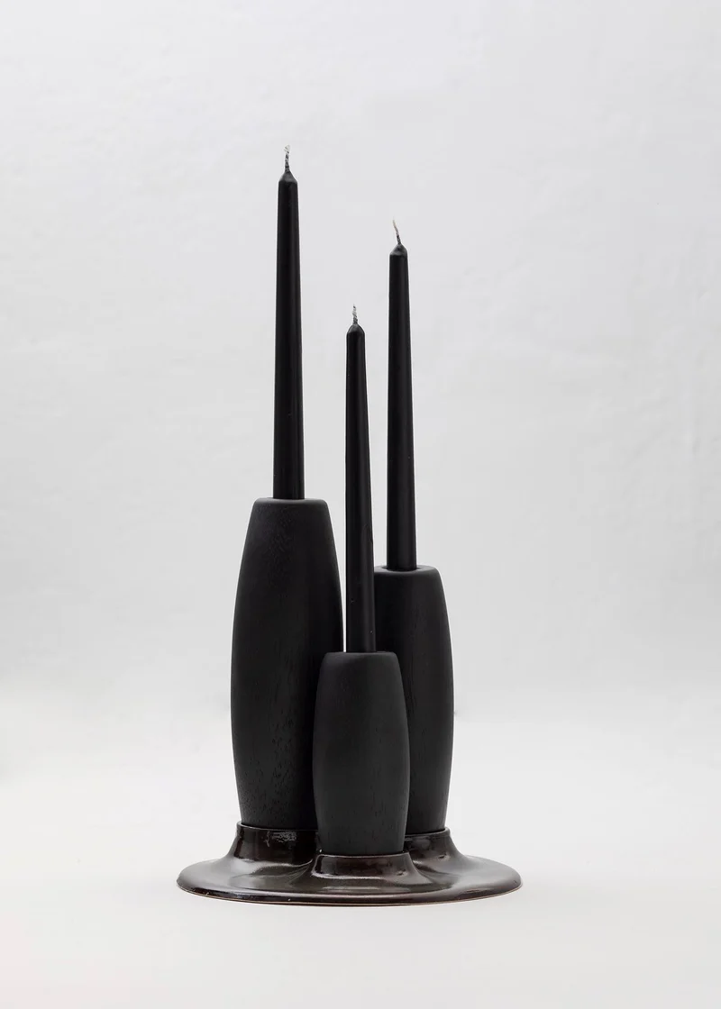 SALAR Decorative Ceramic Candleholder with Solid Wood Plynths