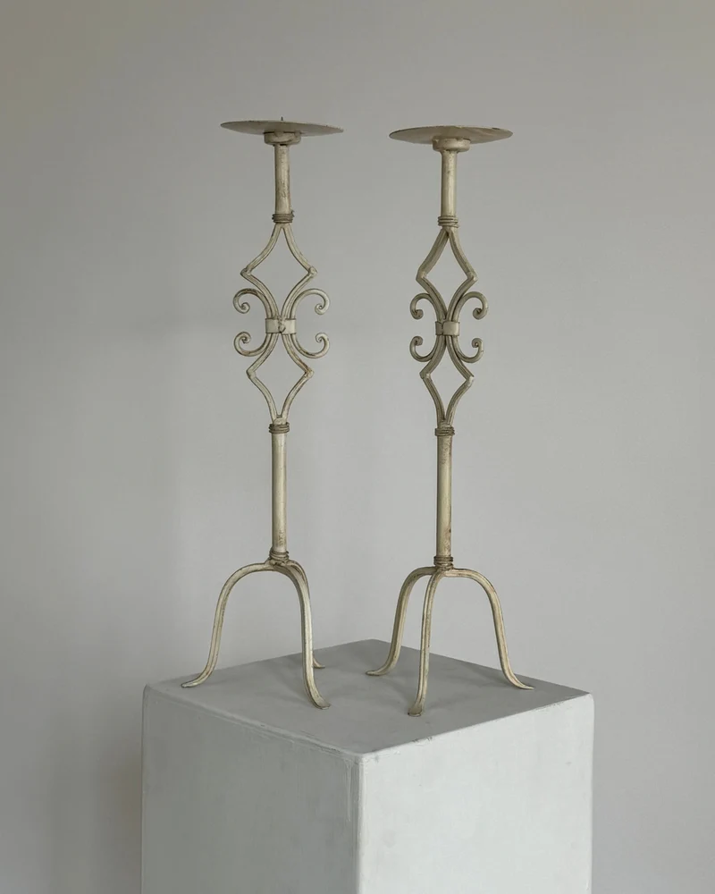 Pair of large antique white metal candlesticks.