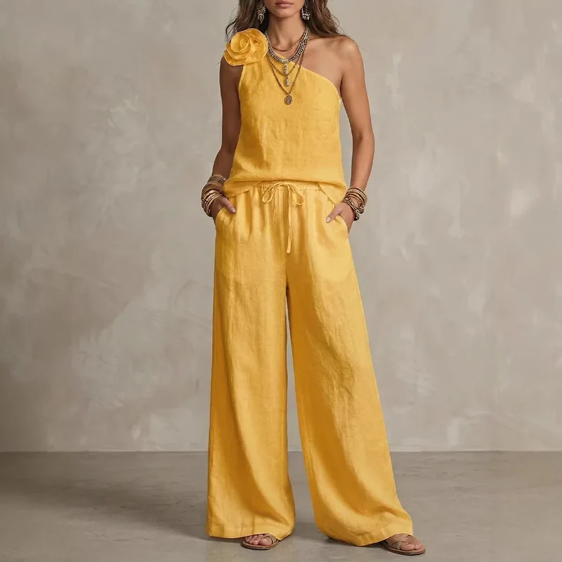 Sexy Urban-Style Loose-Fit Sleeveless Ensemble Chic "Coton-Lin" – Haut Épaules Dénudées et Pantalon Large