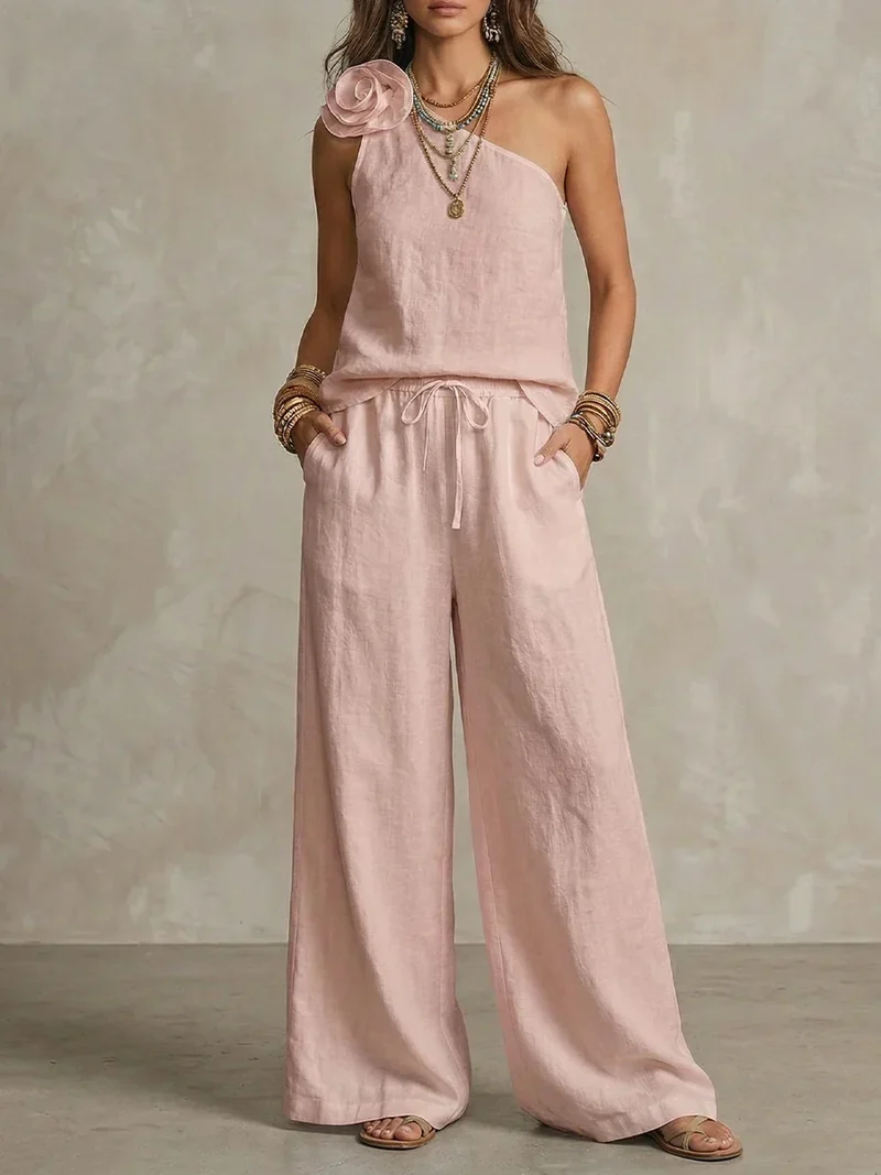 Sexy Urban-Style Loose-Fit Sleeveless Ensemble Chic "Coton-Lin" – Haut Épaules Dénudées et Pantalon Large