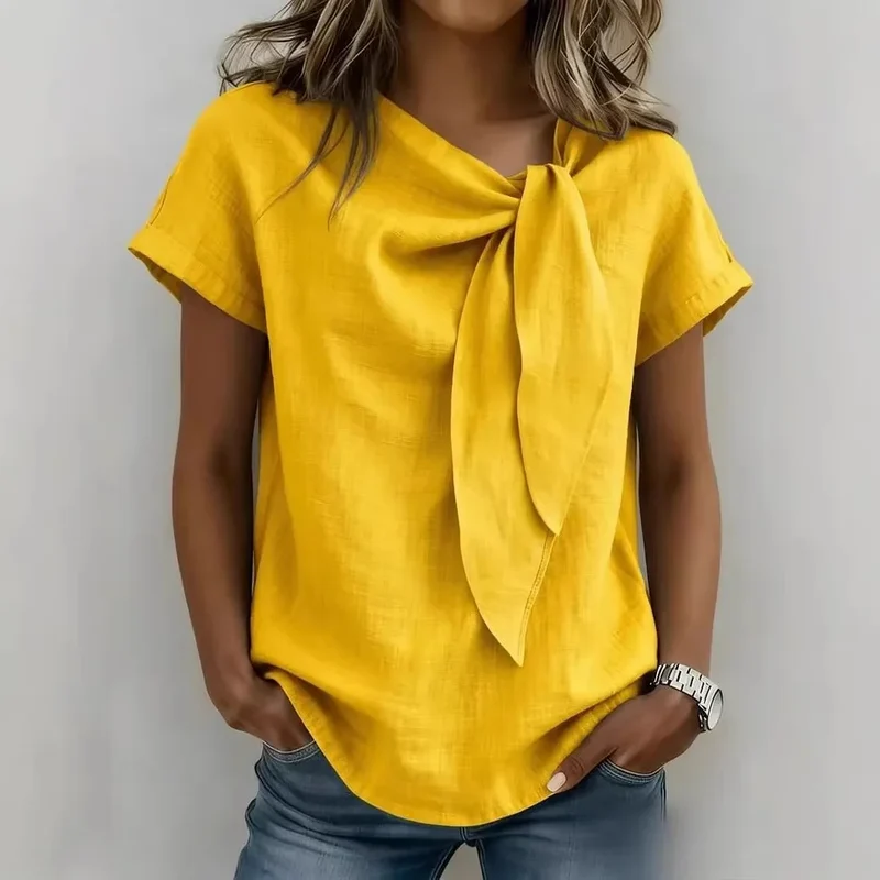 Chemisier Décontracté à Col Noué – T-shirt Élégant Manches Courtes