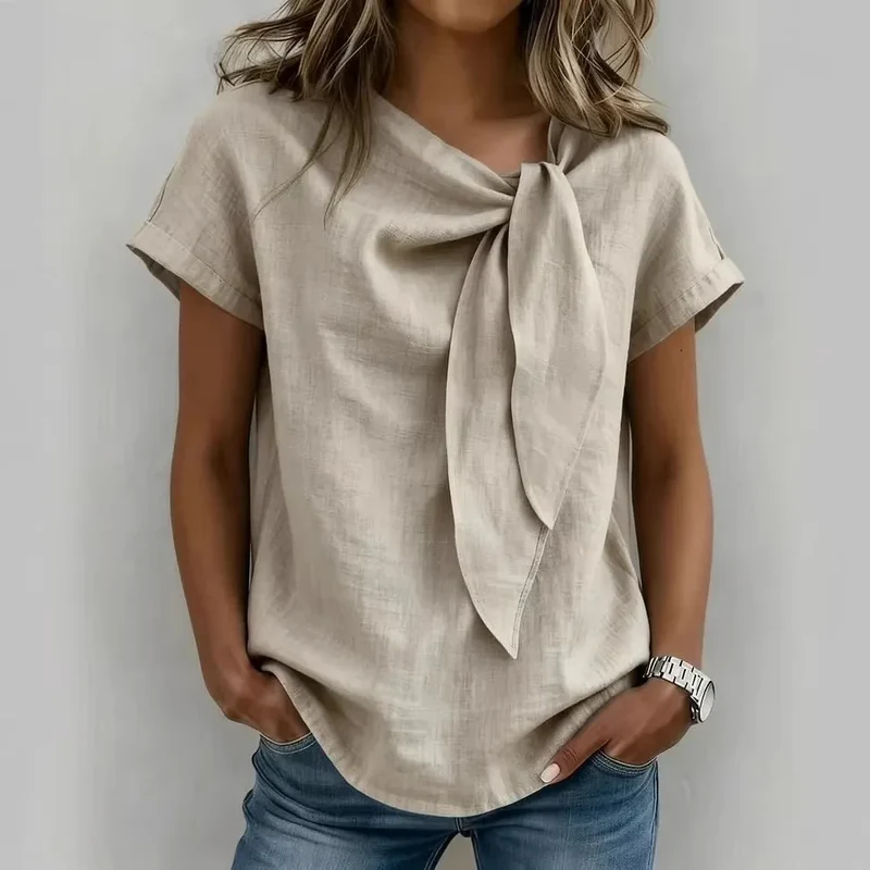 Chemisier Décontracté à Col Noué – T-shirt Élégant Manches Courtes
