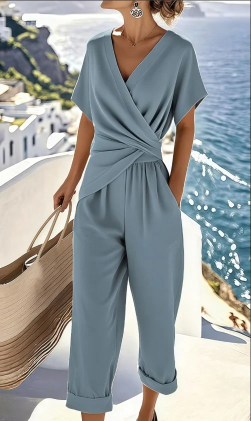 Ensemble Chic Deux Pièces – Top Plissé et Pantalon Fluide