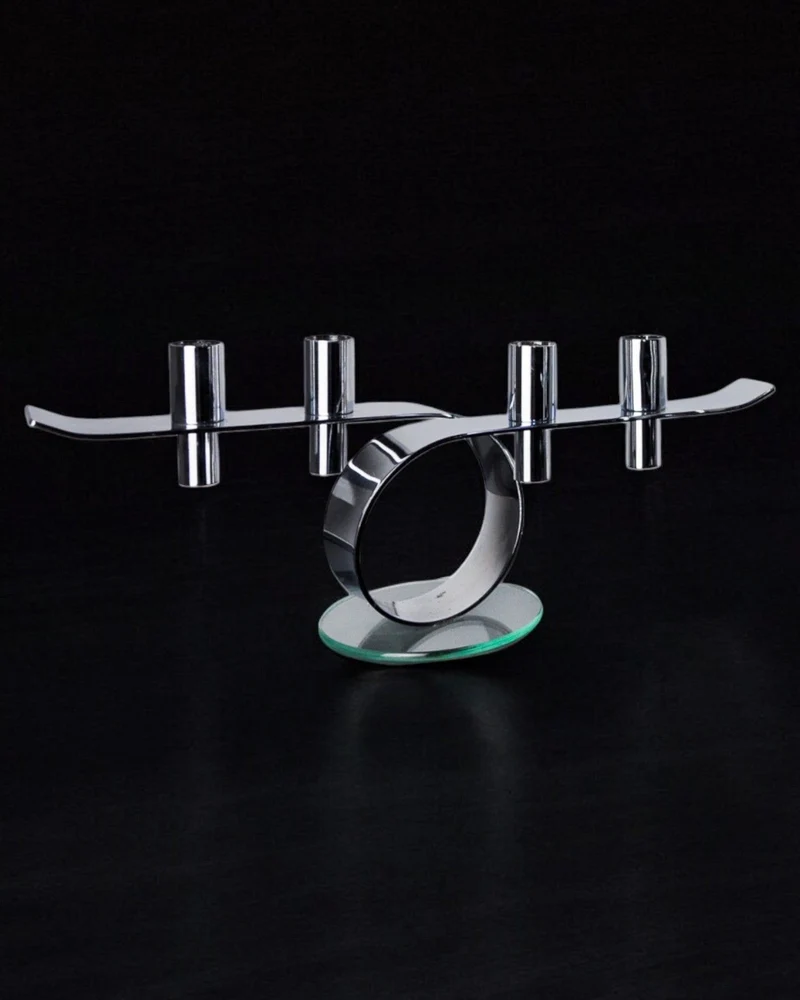 Space-age 4-flame candlestick, glass and metal, Germany, 1980