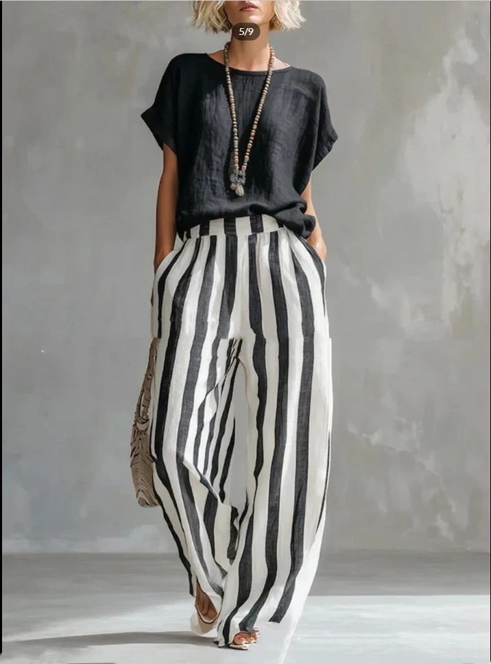 Ensemble d'Été "Estival" – Blouse Fluide et Pantalon Rayé Chic
