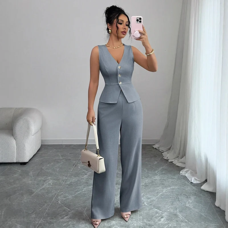 Ensemble Estival Chic – Veste Sans Manches et Pantalon Taille Haute