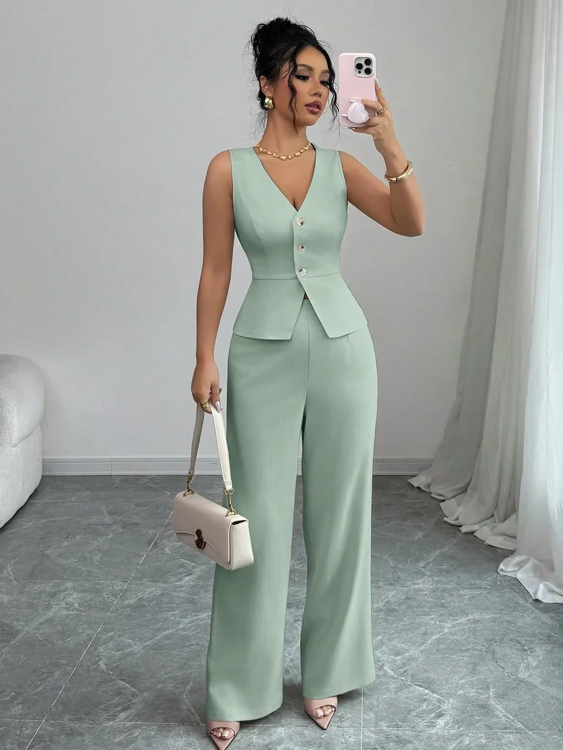 Ensemble Estival Chic – Veste Sans Manches et Pantalon Taille Haute