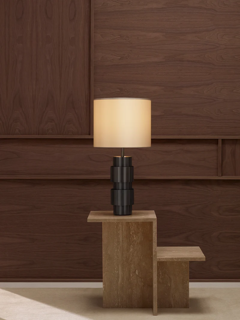 RING Table with Dove Grey Silk Shade Table Lamp