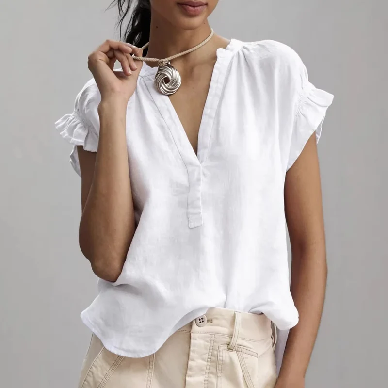 Blouse Décontractée en Coton et Lin – Col en V et Manches Volantées