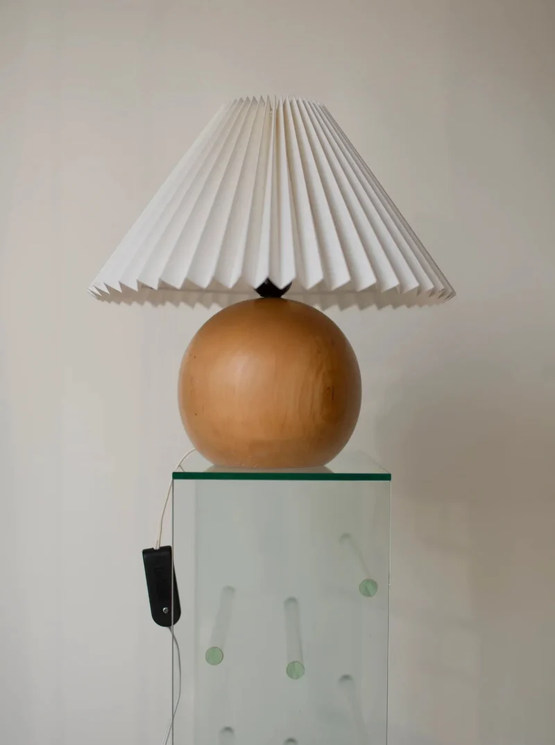 Vintage Wooden Ball Table Lamp With Plisse Shade
