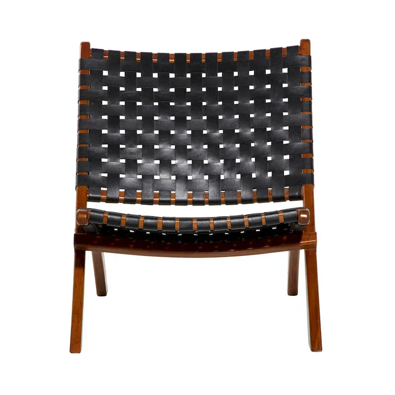 Woven Leather Folding Chair with Brown Wood Frame - Available in Black or Brown - Roche River Decor