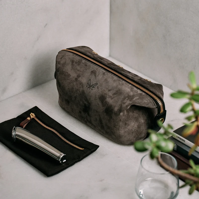 Suede Wash Bag / Dopp Kit - Storm Grey