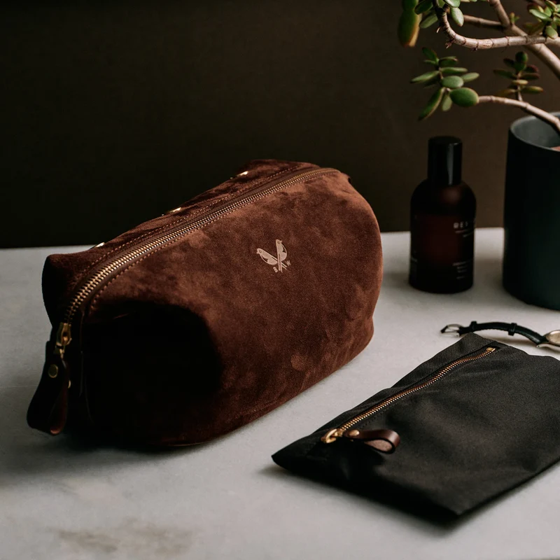 Suede Wash Bag / Dopp Kit - Tobacco Brown