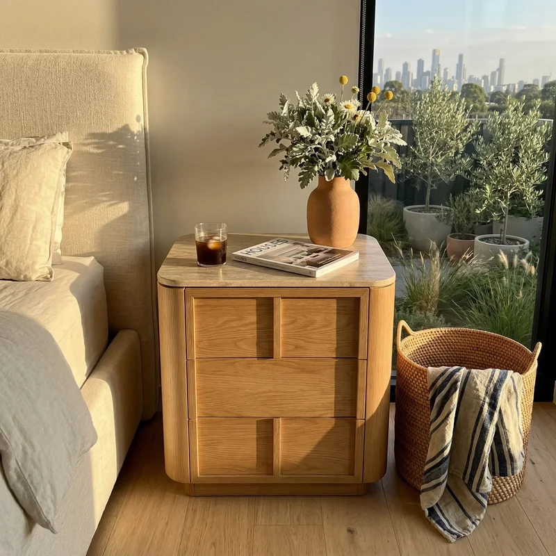Hearth Bedside Table Oak wood with travertine top