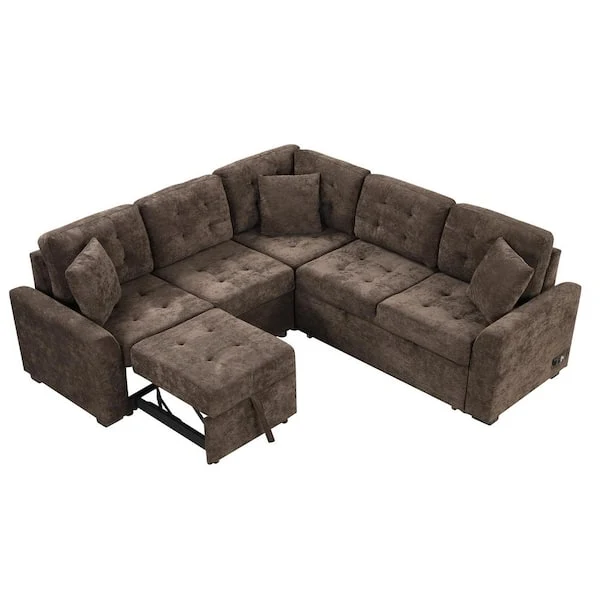 82.6 in. L Shaped Corded Velveteen Modern Sectional Sofa Pull-out Sleeper Sofa in. Brown with USB Ports, Power Sockets