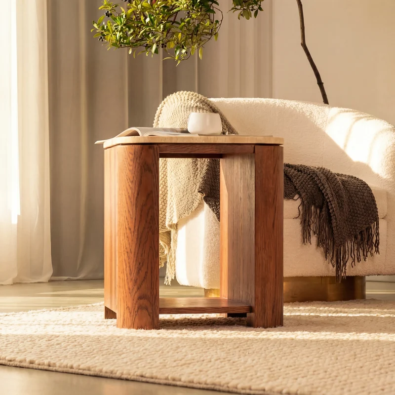 Ovelo Side Table Oak wood with travertine top